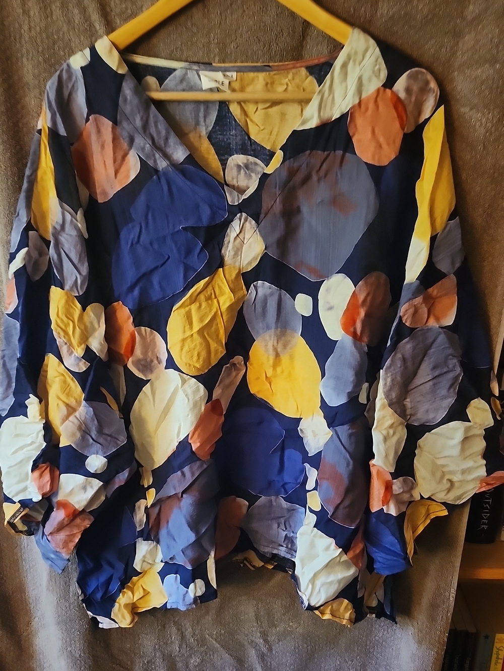 Vibrant Navy Abstract Dot Blouse with Yellow & Blue Accents